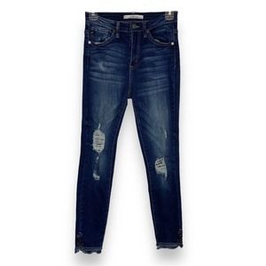 Kancan Skinny Crop Ankle Jeans Size 5/26 Raw Hem Blue Dark Wash Distressed EUC